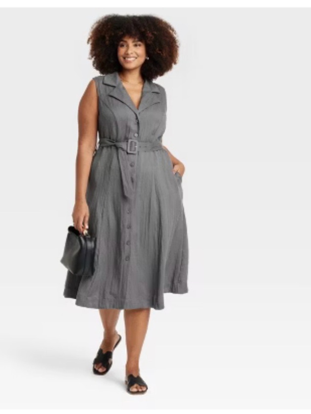 A New Day Gray Belted Button Front Midi Shirt Dress Sleeveless Size 4x